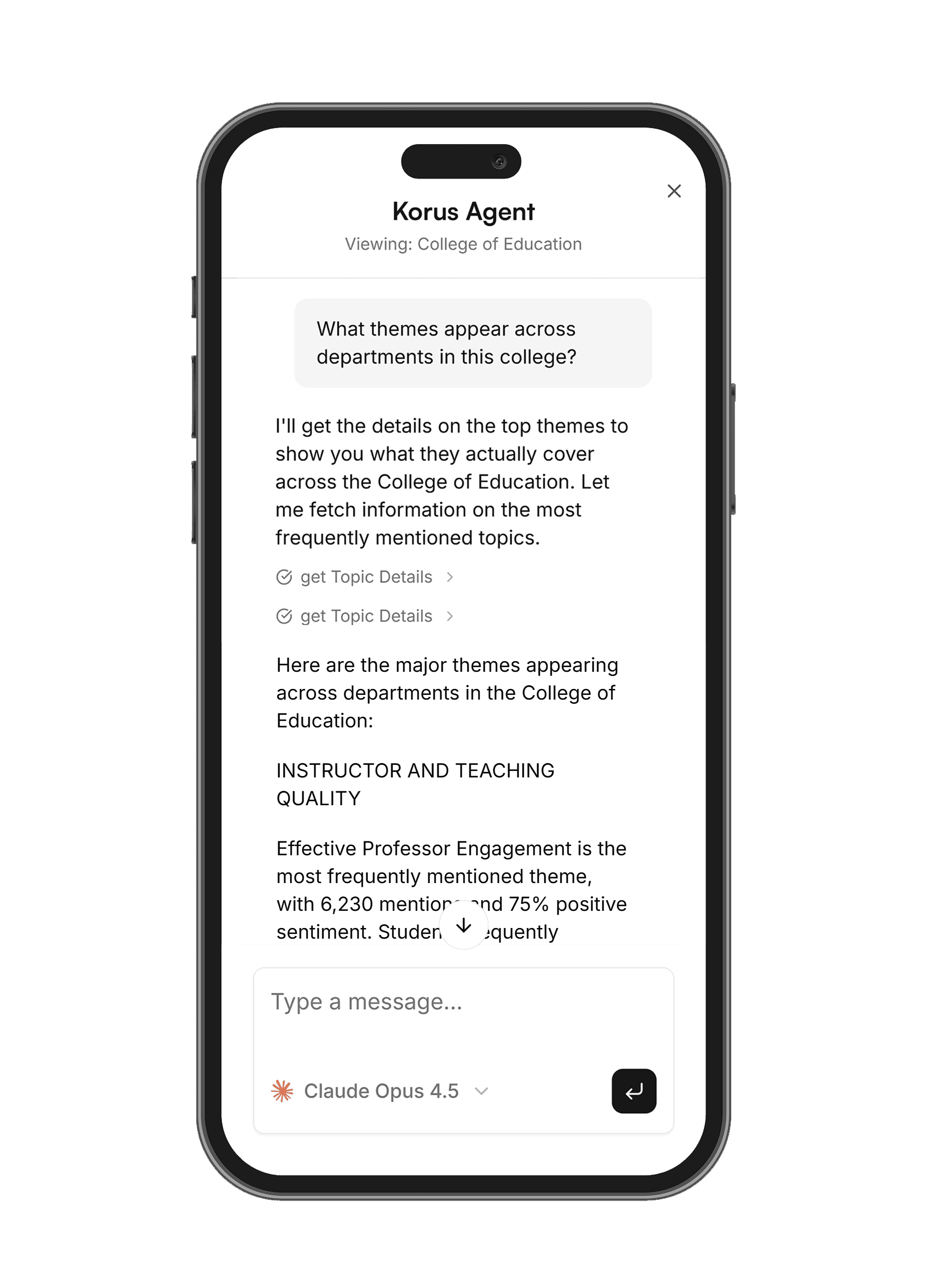 Korus AI agent interface showing topic-aware insights