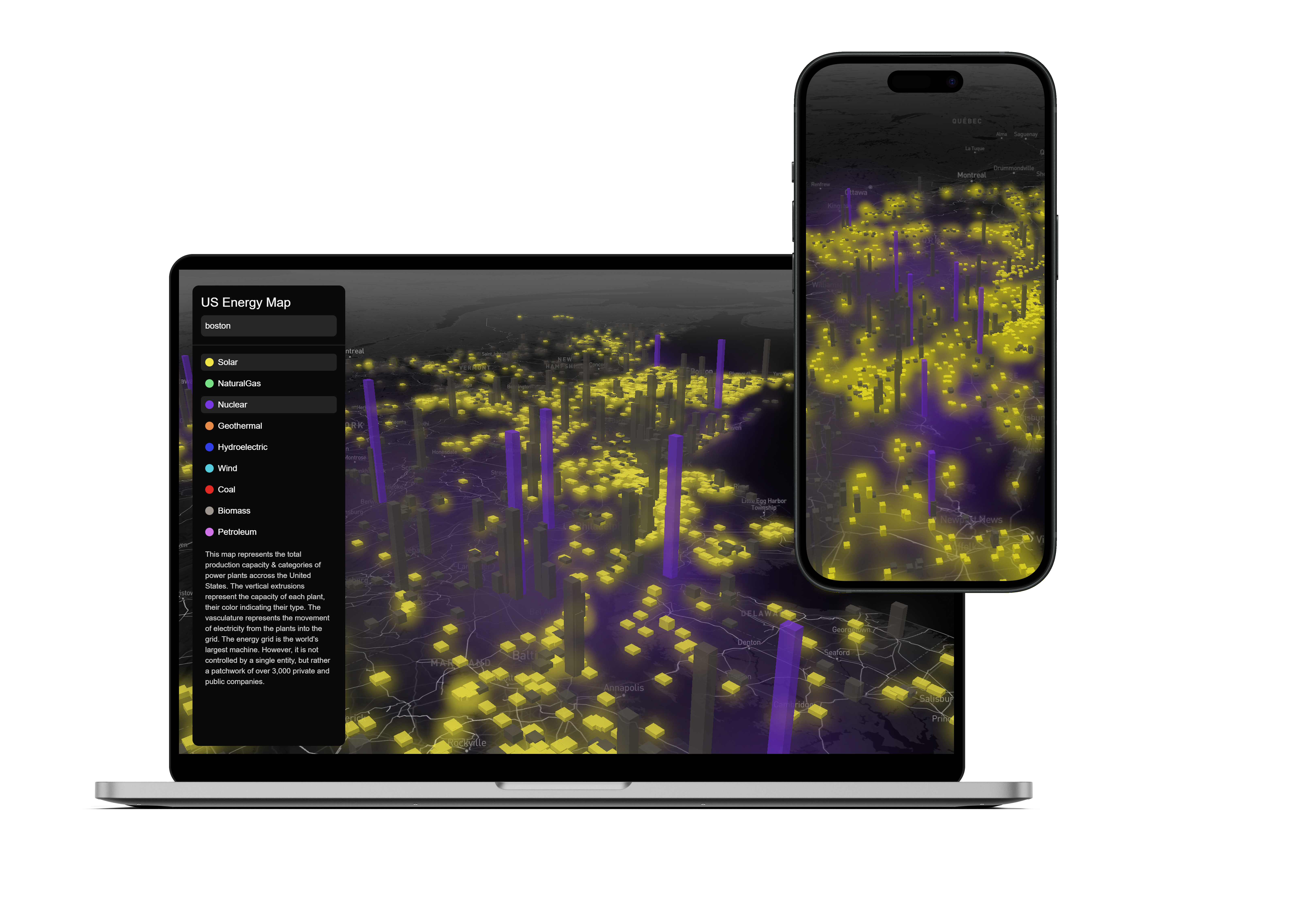 US Energy Map showing solar and nuclear comparison in Boston area